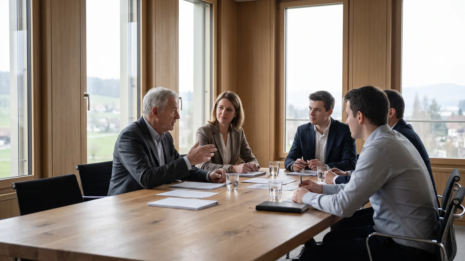 A family company's board, two generations, around a table in a wood-panelled room with tall windows
