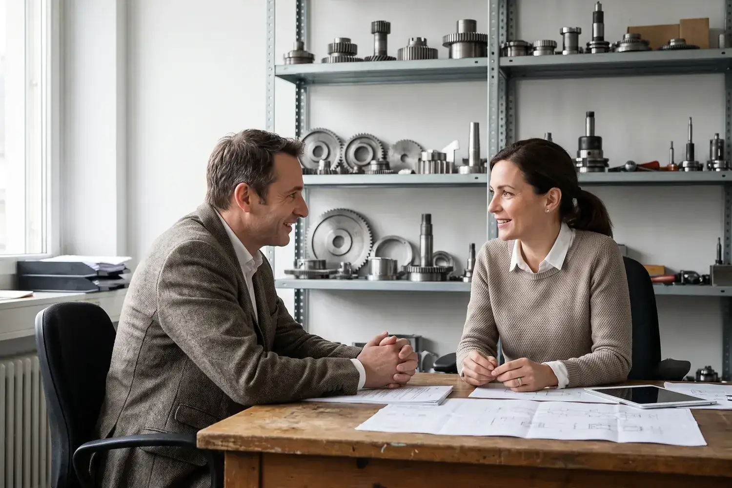 Two people meet at a desk in a family engineering firm's office, machined parts on the shelf behind