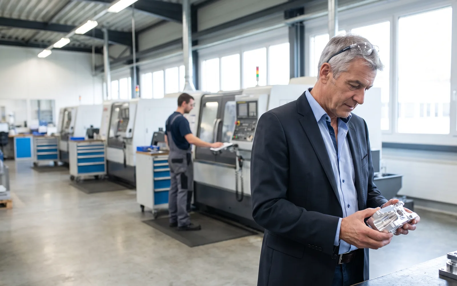 A senior executive on a precision-engineering shop floor examines a machined part, CNC machines behind him