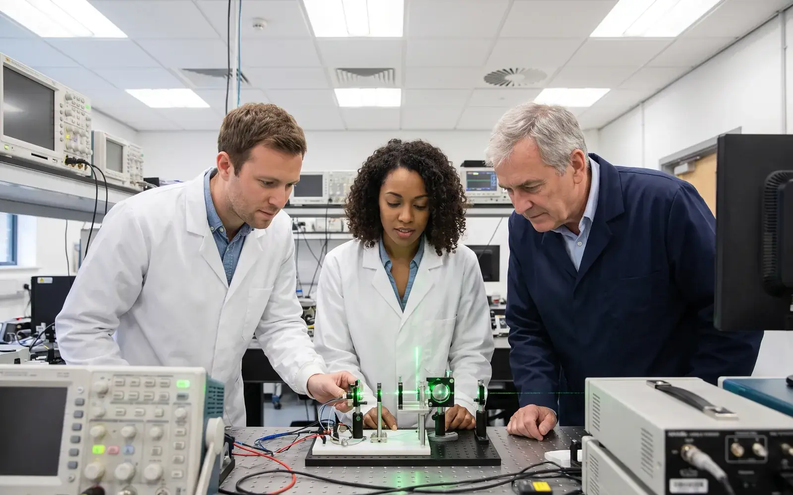 Three people, most in lab coats, at an optics lab bench